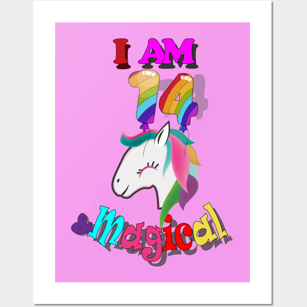 unicorn 14th birthday :i am 14 and magical Wall Art by bratshirt